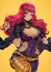 Rule 34 | 1girl, black cape, bodysuit, breasts, cape, choker, cleavage, closed mouth, clothing cutout, clothing request, collarbone, covered navel, curly hair, detached sleeves, facial mark, fire emblem, fire emblem engage, gold belt, hair ornament, hand on own hip, highres, long hair, looking at viewer, magion02, medium breasts, nintendo, one eye closed, pink choker, pink eyes, purple bodysuit, purple sleeves, red hair, side cutout, simple background, smile, solo, star (symbol), star facial mark, star hair ornament, yellow background, yunaka (fire emblem)