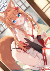 Rule 34 | 1girl, :o, all fours, animal ears, bare shoulders, blue eyes, breasts, detached sleeves, dress, dutch angle, extra ears, fox ears, fox girl, fox tail, highres, indoors, japanese clothes, long hair, long sleeves, looking at viewer, medium breasts, nibiiro shizuka, no panties, no shoes, obi, off shoulder, open mouth, orange hair, original, pelvic curtain, sash, solo, tail, tatami, thighhighs, thighs, white dress, white thighhighs, wide sleeves