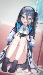 Rule 34 | 1girl, :d, absurdres, aris (blue archive), black hair, black socks, blue archive, blue coat, blue eyes, blue necktie, blush, coat, collared shirt, commentary request, convenient leg, couch, dutch angle, full body, hair between eyes, halo, handheld game console, highres, indoors, knees to chest, legs together, long hair, long hair between eyes, long sleeves, looking at screen, looking down, necktie, on couch, one side up, open clothes, open coat, open mouth, phone, pocket, shirt, sidelocks, sitting, sitting on hair, smile, socks, solo, striped clothes, striped socks, thighs, vertical-striped clothes, vertical-striped socks, very long hair, window, yeolyeo, zipper