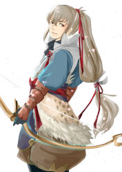 Rule 34 | 1boy, bow (weapon), fire emblem, fire emblem fates, gloves, grey hair, hayame (m ayame), highres, image sample, long hair, male focus, nintendo, orange eyes, ponytail, simple background, solo, takumi (fire emblem), weapon, white background, yumi (bow)