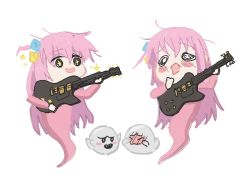 Rule 34 | 1girl, blue eyes, blush, bocchi the rock!, boo (mario), cool unc00l, cube hair ornament, electric guitar, ghost, ghost tail, gibson les paul, gotoh hitori, guitar, hair between eyes, hair ornament, hair over eyes, holding, holding instrument, instrument, long hair, long sleeves, mario (series), music, nintendo, one side up, open mouth, pink hair, playing instrument, simple background, sparkle, white background