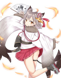 Rule 34 | 1girl, absurdres, animal, animal ears, animal on head, ass, azur lane, brown eyes, extra ears, fur trim, grey hair, hamster, hand fan, highres, holding, holding fan, ink stain, looking at viewer, looking back, miniskirt, on head, pleated skirt, red skirt, rudder footwear, shiroino (gtwo5024), short hair, simple background, skirt, solo, suzutsuki (azur lane), white background, wide sleeves