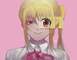 Rule 34 | 1girl, absurdres, blonde hair, bocchi the rock!, bow, bowtie, closed mouth, collared shirt, highres, ijichi nijika, long hair, looking at viewer, pink background, polka dot bowtie, portrait, red bow, red bowtie, red eyes, shirt, side ponytail, signature, simple background, smile, sokura (mochichitose), solo, straight-on, white shirt