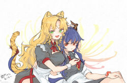 Rule 34 | 2girls, :3, alternate costume, animal ear fluff, animal ears, apron, arknights, arm around waist, bead bracelet, beads, black dress, blonde hair, blush, bracelet, breasts, cleavage cutout, clothing cutout, dragon girl, dragon horns, dragon tail, dress, drill hair, drill sidelocks, enmaided, fang, floral background, green eyes, hand on another&#039;s head, horns, intertwined tails, jewelry, leaning on person, long hair, maid, maid apron, medium breasts, mishima coco, multiple girls, necktie, necktie grab, neckwear grab, open mouth, parted bangs, short sleeves, side slit, sidelocks, sitting, skin fang, tail, tiger ears, tiger girl, tiger tail, twitter username, wrist cuffs, yuri