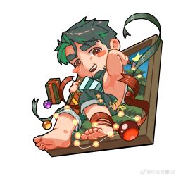 Rule 34 | 1boy, bara, blush stickers, christmas, deformed, facial hair, feet, full body, gift, goatee, green hair, green overalls, highres, holding, holding gift, huge eyebrows, looking at viewer, male focus, muscular, muscular male, oc (kn), original, short hair, sideburns, simple background, solo, thick eyebrows, wutang