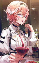 Rule 34 | 1girl, bird girl, black choker, black hairband, blue eyes, blush, bottle, breast zipper, breasts, choker, collared shirt, commentary request, cup, drinking glass, hairband, hand up, head wings, high-waist shorts, highres, holding, holding cup, hololive, incoming drink, indoors, long sleeves, looking at viewer, medium breasts, midori matsukaze, multicolored hair, necktie, night, open mouth, pink hair, red necktie, red wine, reflection, restaurant, shirt, short hair, shorts, solo, takane lui, takane lui (1st costume), two-tone hair, virtual youtuber, white hair, white shirt, window, wine bottle, wine glass, wings, zipper, zipper pull tab