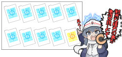 Rule 34 | 1girl, arm up, blazer, blue archive, blue jacket, chibi, commentary, crossed bangs, gacha, gameplay mechanics, ghyaku500, grey eyes, grey hair, grey shirt, halo, hard hat, helmet, highres, holding, holding megaphone, jacket, long hair, long sleeves, looking at viewer, megaphone, minori (blue archive), open clothes, open jacket, open mouth, pleated skirt, pointing, puffy long sleeves, puffy sleeves, scarf, shirt, shouting, skirt, solo, teeth, translated, upper body, upper teeth only, v-shaped eyebrows, white jacket, white scarf, white skirt