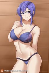 Rule 34 | 1girl, aslindsamure, bare shoulders, blue bra, blue eyes, blue hair, blue panties, bra, breasts, cleavage, fire emblem, fire emblem: the blazing blade, hand on own chest, highres, large breasts, looking at viewer, nintendo, panties, parted lips, short hair, sidelocks, smile, solo, thighs, underwear, ursula (fire emblem)