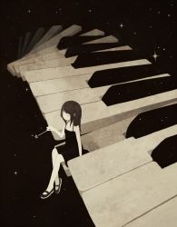 Rule 34 | 1girl, 456, black dress, black hair, dress, closed eyes, highres, instrument, mary janes, original, piano, shoes, solo, star (symbol), surreal, wand