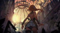 Rule 34 | 1girl, aric, ass, bat wings, black wings, blurry, blurry foreground, braid, brown hair, flower, from behind, hair flower, hair ornament, indoors, long hair, pixiv fantasia, pixiv fantasia t, scenery, standing, sunlight, thigh strap, wings