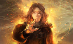 Rule 34 | 1girl, black jacket, brown hair, dino (dinoartforame), elden ring, expressionless, fire, grey scarf, highres, jacket, melina (elden ring), one eye closed, parted hair, scar, scar across eye, scar on face, scarf, solo, spoilers, upper body, yellow eyes