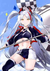 Rule 34 | 1girl, absurdres, arino ayarei, azur lane, blue sky, breasts, crop top, cropped shirt, eyes visible through hair, flag, headgear, highres, holding, holding flag, jacket, large breasts, long hair, looking at viewer, microskirt, midriff, official alternate costume, outdoors, panties, prinz eugen (azur lane), prinz eugen (final lap) (azur lane), purple jacket, purple thighhighs, race queen, red hair, red panties, silver hair, skirt, sky, solo, standing, thighhighs, underboob, underwear, very long hair, yellow eyes, zipper