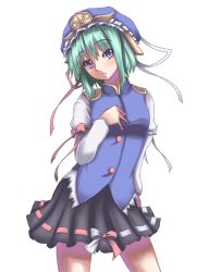 Rule 34 | 1girl, akiyasu, blue eyes, blush, bow, female focus, green hair, hand on another&#039;s chest, hand on own chest, hat, ribbon, shiki eiki, short hair, simple background, skirt, solo, touhou, touhuya