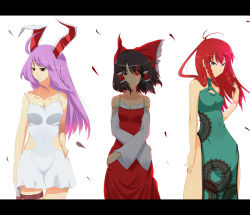 Rule 34 | 3girls, adapted costume, alice-san, animal ears, bad id, bad pixiv id, black hair, blue eyes, bow, braid, china dress, chinese clothes, detached sleeves, dress, female focus, glowing, glowing eye, hakurei reimu, hong meiling, japanese clothes, letterboxed, light purple hair, long hair, miko, multiple girls, rabbit ears, red eyes, red hair, reisen udongein inaba, short hair, thigh strap, touhou, twin braids