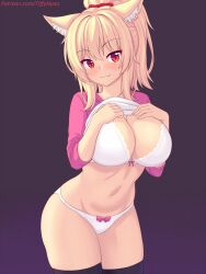 Rule 34 | 1girl, animal ears, black thighhighs, blonde hair, blush, bow, bow panties, bra, breasts, clothes lift, highres, large breasts, looking at viewer, navel, nottytiffy, original, panties, patreon username, ponytail, red bow, red eyes, shirt, shirt lift, simple background, smile, solo, thighhighs, thighs, tiffy (nottytiffy), underwear, white bra, white panties