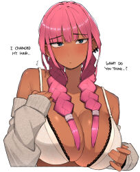 Rule 34 | 1girl, blush, bra, breasts, cleavage, dark-skinned female, dark skin, english text, large breasts, long hair, looking at viewer, ohasi, original, pink (ohasi), pink hair, simple background, solo, sweat, sweater, underwear, white background