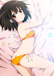Rule 34 | 1girl, absurdres, artist name, ass, bare shoulders, bikini, black hair, blush, breasts, brown eyes, butt crack, chijou noko, chikanoko, commentary request, copyright name, highres, looking at viewer, lying, on side, open mouth, original, ragho no erika, romaji text, short hair, side-tie bikini bottom, sideboob, small breasts, solo, swimsuit, trefoil, yellow bikini