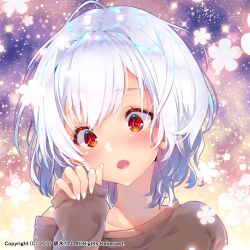 Rule 34 | 1girl, 2017, blush, company name, copyright request, hekiki riyo, highres, looking at viewer, official art, open mouth, red eyes, short hair, sleeves past wrists, solo, upper body, white hair
