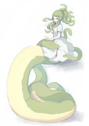 Rule 34 | 4138, dress, forked tongue, highres, lamia, monster girl, original, simple background, sitting, sleeping, snake hair, tongue, tongue out, white background, white dress