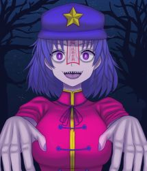 Rule 34 | 1girl, bare tree, breasts, cabbie hat, chinese clothes, commentary, fingernails, hat, hat ornament, jiangshi, large breasts, licen, looking at viewer, miyako yoshika, neck ribbon, ofuda, open mouth, outstretched arms, pale skin, purple eyes, purple hair, purple hat, red shirt, ribbon, sharp teeth, shirt, short hair, short sleeves, sky, smile, solo, star (sky), star (symbol), star hat ornament, starry sky, tangzhuang, teeth, touhou, tree, zombie pose