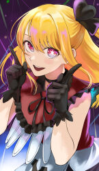 Rule 34 | 1girl, absurdres, black gloves, black ribbon, blonde hair, bow, choker, dress, fengling (furin-jp), floating hair, frilled dress, frills, gloves, hair between eyes, hair bow, hands up, highres, hoshino ruby, idol, idol clothes, index fingers raised, long hair, looking at viewer, open mouth, oshi no ko, pink eyes, red eyes, ribbon, sidelocks, smile, solo, stage lights, star (symbol), star in eye, symbol in eye, upper body