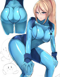 Rule 34 | 1girl, absurdres, ass, bad id, bad pixiv id, bent over, blonde hair, blue bodysuit, blue eyes, blush, bodysuit, breasts, from behind, highres, kirby, kirby (series), large breasts, lips, long hair, menbo (ore menbou), metroid, mnb, mole, mole under mouth, multiple views, nintendo, ponytail, samus aran, simple background, sitting, sitting on face, sitting on person, skin tight, super smash bros., sweatdrop, thighs, very long hair, white background, zero suit