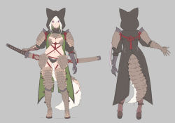 Rule 34 | 1girl, animal ears, animal hood, armor, armored boots, black coat, boots, breasts, brown footwear, character sheet, cleavage, closed mouth, coat, commentary request, enkyo yuuichirou, fake animal ears, gauntlets, gluteal fold, grey background, highres, hood, hood up, hooded coat, katana, looking at viewer, medium breasts, multiple tails, multiple views, navel, original, puffy short sleeves, puffy sleeves, scale armor, scales, sheath, sheathed, short sleeves, simple background, standing, sword, tail, turnaround, weapon