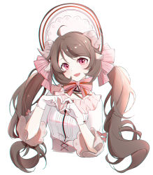 Rule 34 | 1girl, :d, absurdres, ahoge, ambience synesthesia, animal ears, arknights, blush, bonnet, bow, breasts, brown hair, commentary request, cropped torso, dress, eyjafjalla (arknights), frilled dress, frills, gloves, hands up, heart, heart hands, highres, horns, long hair, long sleeves, looking at viewer, official alternate costume, open mouth, pink bow, purple eyes, sanqianqianqianqian w, sheep ears, sheep girl, sheep horns, simple background, small breasts, smile, solo, striped, striped bow, twintails, upper body, very long hair, white background, white dress, white gloves, white headwear