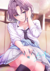 Rule 34 | adjusting hair, aqua eyes, asakura toru, bad id, bad pixiv id, black necktie, black socks, blue jacket, blurry, blurry background, blurry foreground, breasts, cleavage, clothes around waist, collar, collarbone, collared shirt, couch, grey skirt, hair between eyes, hand in own hair, highres, idolmaster, idolmaster shiny colors, indoors, jacket, jacket around waist, kneehighs, koya (koya x 00), light blush, light particles, looking at viewer, medium breasts, multicolored hair, nail polish, necktie, on couch, parted bangs, pleated skirt, shirt, short hair, signature, sitting, skirt, sleeves rolled up, smile, socks, solo, two-tone hair, white collar, white shirt