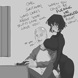 Rule 34 | 1boy, 1girl, absurdres, assertive female, bald, black dress, blush, breasts, breasts on shoulders, commentary, controller, dress, english commentary, english text, flirting, fubuki (one-punch man), game controller, gamepad, greyscale, grmm, hetero, highres, holding, holding controller, holding game controller, large breasts, long dress, meme, monochrome, no way fag (meme), one-punch man, playing games, profanity, raglan sleeves, raised eyebrows, saitama (one-punch man), turtleneck dress