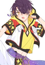Rule 34 | 1boy, black gloves, blonde hair, clenched hands, commentary request, cowboy shot, ensemble stars!, fingerless gloves, gloves, hair ornament, hair over one eye, hand up, highres, male focus, midriff, multicolored hair, one eye covered, open mouth, oshi cutepm, pants, purple hair, sengoku shinobu, short hair, short sleeves, simple background, solo, star (symbol), streaked hair, teeth, upper teeth only, white background, white pants, yellow eyes