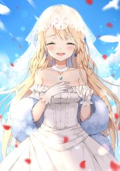 Rule 34 | 1girl, bad id, bad pixiv id, bare shoulders, blonde hair, blue eyes, blue sky, blurry, blush, bokeh, braid, braided bangs, breasts, bridal veil, bride, canape (canape0130), choker, cleavage, closed eyes, cloud, collarbone, crying, day, depth of field, dress, earrings, eyes visible through hair, feathers, floating hair, g36 (girls&#039; frontline), g36 (pure white cornflower) (girls&#039; frontline), girls&#039; frontline, hair between eyes, happy tears, highres, jewelry, long hair, looking at viewer, medium breasts, official alternate costume, open mouth, pendant, petals, ring, shawl, sidelocks, sky, smile, solo, sparkle, strapless, strapless dress, tears, veil, wedding, wedding band, wedding dress