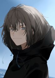 Rule 34 | 1boy, black jacket, blue background, closed mouth, drawstring, eyelashes, fate/grand order, fate (series), frown, grey eyes, hair between eyes, highres, hood, hooded jacket, jacket, male focus, oberon (fate), oberon (moody summer oberon) (fate), oberon (third ascension) (fate), outdoors, romo827, short hair, solo, twitter username, upper body, water, zipper