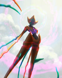 Rule 34 | chrishohl, cloud, cloudy sky, creature, creatures (company), deoxys, deoxys (attack), feet out of frame, game freak, gen 3 pokemon, highres, looking at viewer, mythical pokemon, nintendo, no humans, outdoors, pokemon, pokemon (creature), sky, solo