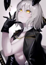 Rule 34 | 1girl, animal ears, between breasts, black bow, black gloves, black jacket, black leotard, black necktie, bow, breasts, chain, closed mouth, detached collar, fake animal ears, fake tail, fate/grand order, fate (series), gloves, grey hair, hair bow, hand on own chin, highres, holding, holding sword, holding weapon, jacket, jacket on shoulders, jeanne d&#039;arc alter (fate), jewelry, large breasts, leotard, looking at viewer, necktie, necktie between breasts, parted lips, playboy bunny, rabbit ears, rabbit tail, revision, ri o ne su, ring, short hair, sideboob, simple background, solo, sword, tail, weapon, white background, yellow eyes