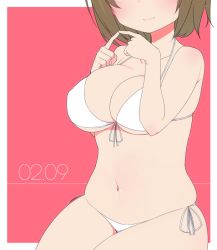 Rule 34 | 10s, 1girl, bad id, bad twitter id, bikini, breasts, brown hair, cleavage, dated, female focus, fingers together, front-tie top, head out of frame, idolmaster, idolmaster cinderella girls, index fingers together, large breasts, mimura kanako, navel, nekoume, plump, side-tie bikini bottom, sitting, skindentation, smile, solo, string bikini, swimsuit, thick thighs, thighs, white bikini, wide hips