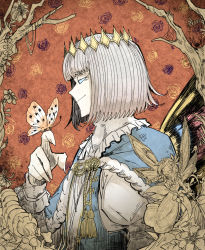 Rule 34 | 1boy, bug, butterfly, butterfly on hand, butterfly wings, cape, caterpillar, closed eyes, fairy, fate/grand order, fate (series), flower, fur-trimmed cape, fur trim, insect, insect on finger, insect wings, kankan33333, oberon (fate), silver hair, smile, wings