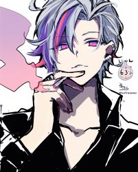 1boy, absurdres, bangs, between fingers, black shirt, cigarette, collarbone, collared shirt, commentary request, eyebrows visible through hair, fuwa minato, grey hair, hair between eyes, hand up, highres, holding, holding cigarette, long sleeves, looking at viewer, male focus, multicolored hair, nijisanji, parted bangs, parted lips, purple eyes, purple hair, red hair, shirt, signature, simple background, smoke, sofra, solo, streaked hair, twitter username, upper body, virtual youtuber, white background