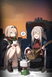 2girls ak-12_(girls&#039;_frontline) an-94_(girls&#039;_frontline) aqua_eyes balalaika_(instrument) black_footwear black_hairband black_pants blonde_hair boots closed_eyes closed_mouth commentary coteri cup girls&#039;_frontline green_scarf grey_hair hairband highres holding holding_cup instrument kettle long_hair multiple_girls music musical_note open_mouth orange_sky pants playing_instrument portable_stove red_scarf red_sweater scarf sitting sky snow snowman socks speech_bubble spoken_musical_note sweater turtleneck turtleneck_sweater two-tone_scarf white_socks winter