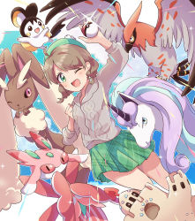 Rule 34 | 1girl, ;d, ahoge, animal ears, blue eyes, body fur, border, brown fur, brown hair, clenched hand, cloud, commentary, creatures (company), dutch angle, emolga, forehead, frilled skirt, frills, furry, galarian form, galarian rapidash, game freak, gen 4 pokemon, gen 5 pokemon, gen 6 pokemon, gen 7 pokemon, gen 8 pokemon, gloria (pokemon), green eyes, green headwear, green skirt, highres, holding, looking at viewer, lopunny, lurantis, momon mc, nintendo, one eye closed, open mouth, palossand, parted bangs, pink eyes, pleated skirt, poke ball, pokemon, pokemon (creature), pokemon swsh, rabbit ears, red eyes, shadow, skirt, sky, smile, solo, sparkle, talonflame, two-tone fur, v-shaped eyebrows, white border, yellow fur
