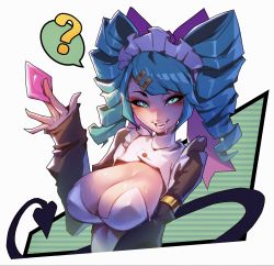 Rule 34 | 1girl, ?, armlet, blue eyes, blue hair, blush, breasts, character request, cleavage, condom, condom wrapper, copyright request, covered erect nipples, demon tail, drill hair, drooling, fang, hair ornament, hairclip, highres, holding, holding condom, large breasts, long hair, long sleeves, looking at viewer, maid, maid headdress, parted lips, reagan long, saliva, solo, spoken question mark, sweat, swept bangs, tail, twin drills, upper body