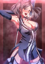 Rule 34 | 1girl, :d, absurdres, armpits, blue dress, blue gloves, blush, breasts, brown eyes, brown hair, cleavage, cynthia (fire emblem), dress, elbow gloves, fire emblem, fire emblem awakening, garter straps, gloves, highres, holding, holding polearm, holding weapon, large breasts, looking at viewer, nintendo, open mouth, parted bangs, polearm, polearm behind back, smile, solo, steaming body, thighhighs, to (tototo tk), twintails, weapon