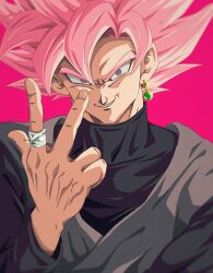 Rule 34 | 1boy, bure (fantasticyouth7), dragon ball, dragon ball super, earrings, evil smile, goku black, highres, jewelry, male focus, pink background, pink hair, portrait, ring, simple background, single earring, smile, solo, spiked hair, teeth