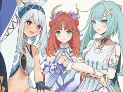 3girls aqua_hair aqua_nails arms_under_breasts arrow_print bare_shoulders black_gloves blue_hair blue_hairband body_markings bracelet breasts clothing_cutout commentary_request crop_top crossed_arms detached_sleeves dress faruzan_(genshin_impact) fingerless_gloves fingernails fish-shaped_pupils flower genshin_impact gloves green_eyes hair_bun hair_flower hair_ornament hairband hand_on_own_chest highres jewelry long_fingernails long_hair looking_at_viewer medium_breasts mualani_(genshin_impact) multiple_girls nail_polish neck_ring nilou_(breeze_of_sabaa)_(genshin_impact) nilou_(genshin_impact) official_alternate_costume open_mouth parted_lips purple_flower red_eyes red_hair shoulder_cutout simple_background smile sugarless_(sugarless_il) symbol-shaped_pupils tan triangle-shaped_pupils twintails upper_body very_long_hair white_background white_dress x_hair_ornament