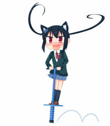 Rule 34 | 1girl, animal ears, black hair, blush, bouncing, brown eyes, cat ears, k-on!, kanikama, nakano azusa, pogo stick, simple background, solo, twintails, wavy mouth, white background