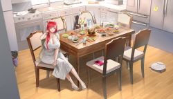Rule 34 | 1girl, alternate hairstyle, blush, book, breasts, chair, cleavage, cup, dining room, dress, drinking glass, earrings, flip-flops, food, full body, highres, hongryeon (last origin), huge breasts, jewelry, kitchen, last origin, long hair, looking at viewer, mole, mole under eye, nail polish, necklace, official art, plate, ponytail, purple eyes, red hair, red nails, sandals, sink, sitting, skindentation, smile, solo, stove, table, tachi-e, taesi, white dress, wide shot