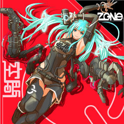Rule 34 | 1girl, aqua hair, armpits, arms up, black legwear, blue eyes, cable, can, controller, copyright name, dendou (andu0083), detached sleeves, dive to zone, english text, extra arms, floating, game controller, gloves, glowing, highres, holding, holding can, holding controller, holding game controller, long hair, looking at viewer, lying, mechanical, mechanical arms, neon lights, on back, parted lips, power symbol, smile, solo, twintails, white gloves