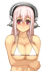 Rule 34 | 1girl, bikini, bikini top only, blush, breast hold, breasts, cleavage, deni m, headphones, large breasts, long hair, looking at viewer, navel, nitroplus, nose blush, pink hair, red eyes, skindentation, solo, super sonico, swimsuit