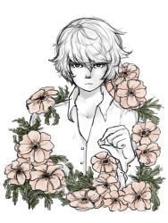 Rule 34 | absurdres, arm at side, arm up, buttons, closed mouth, collared shirt, colored skin, commentary, death note, doodlebozo, english commentary, expressionless, flower, greyscale, hair between eyes, highres, holding, male focus, monochrome, muted color, near (death note), pink flower, shirt, simple background, solo, upper body, white background, white shirt, white skin, wing collar