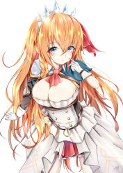 Rule 34 | 1girl, absurdres, blue eyes, blush, braid, breasts, cleavage, closed mouth, dress, finger to cheek, gloves, hair between eyes, hair ornament, hair ribbon, highres, large breasts, long hair, looking at viewer, orange hair, pecorine (princess connect!), princess connect!, ribbon, simple background, smile, solo, takemura kou, tiara, white background, white gloves, white ribbon